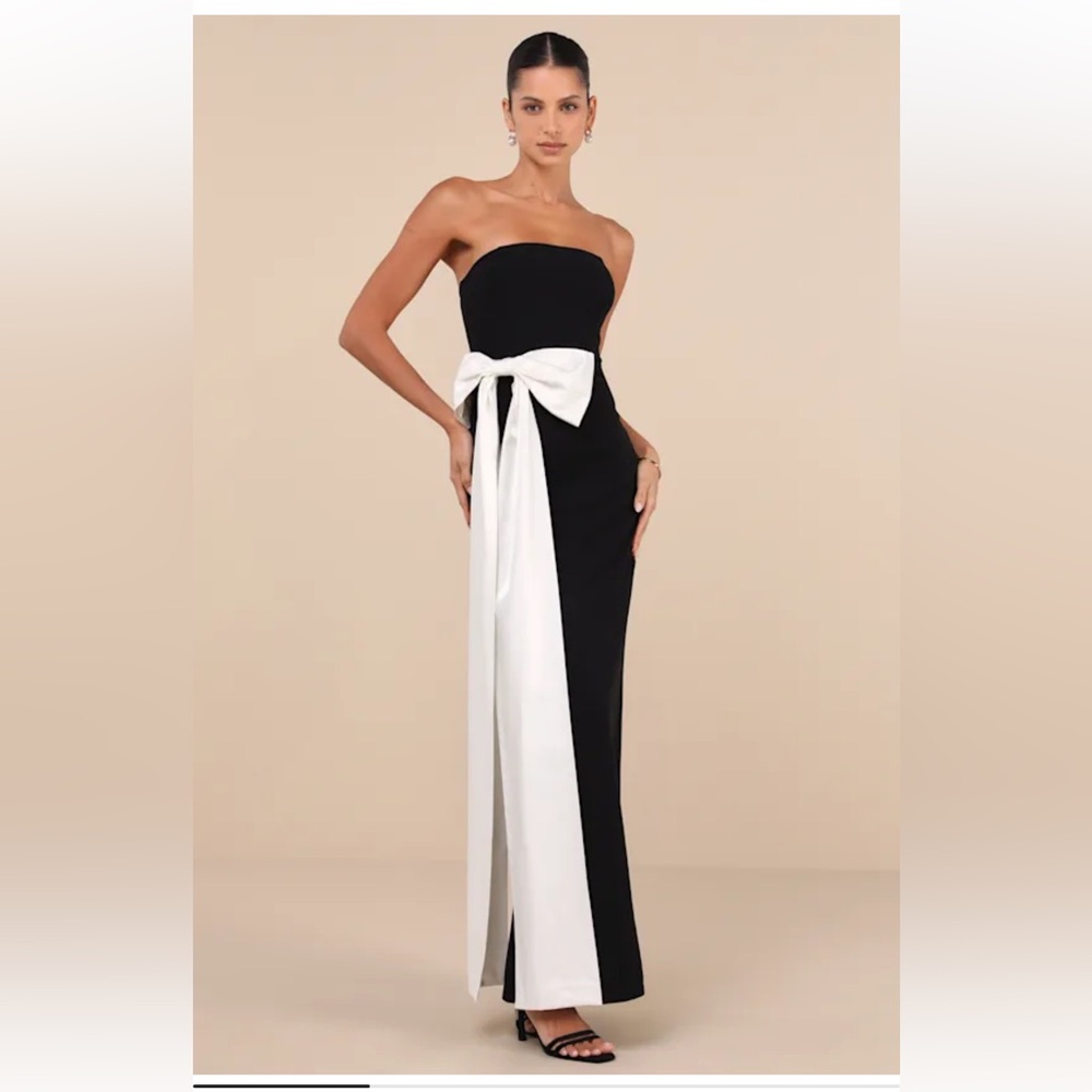 Lulus Marvelous vision Black Strapless black bow column Maxi dress size S NEW
